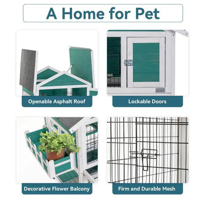 2-Story Rabbit Hutch Indoor Outdoor Bunny Cage with Pull-Out Tray & Waterproof Roof