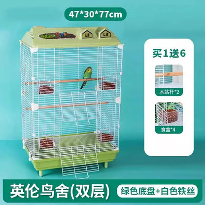 Birdcage for Budgerigars - Large Villa-Style British-Inspired Metal Display Cage with Horizontal Wire Base for Parakeets