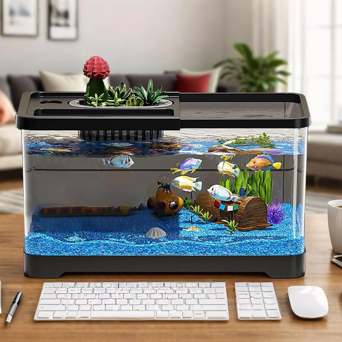 Aquarium Starter Kit LED Fish Tank Kit With Decoration Accessories Dust-proof Underwater Landscape Decoration for Desktop Living