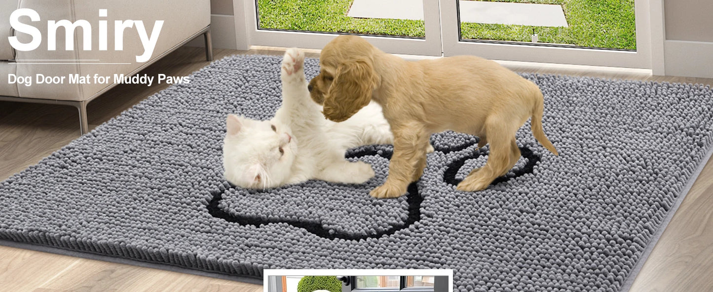 Kitinjoy Ultra Absorbent Chenille Mud Doormat With Paw Print Design Non-Slip Quick-Dry Washable Mats Door Mat for Muddy Dog Paws