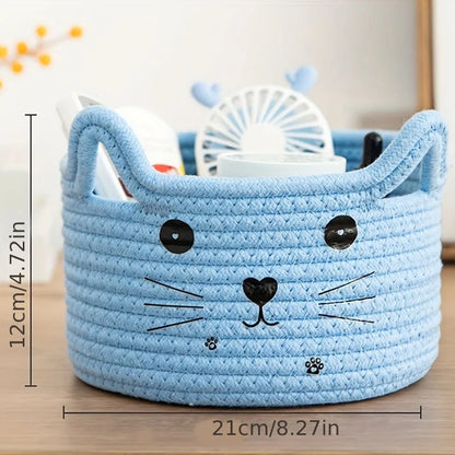 Cat Basket Storage Woven Basket Organizer with Ears Decorative Pet Toy Cute Basket Cotton Rope Basket for Gift Cat Dog Toy Bin
