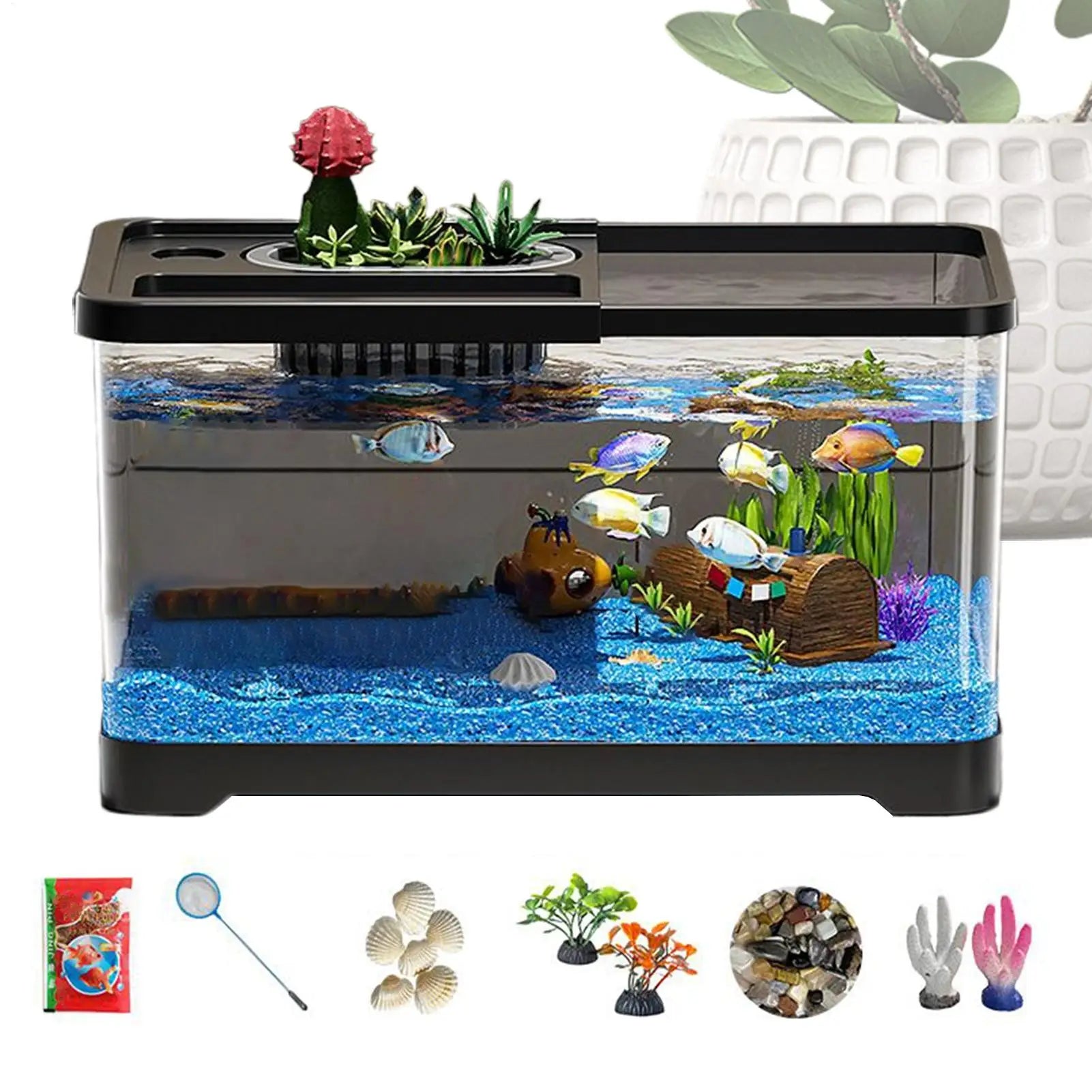Aquarium Starter Kit LED Fish Tank Kit With Decoration Accessories Dust-proof Underwater Landscape Decoration for Desktop Living