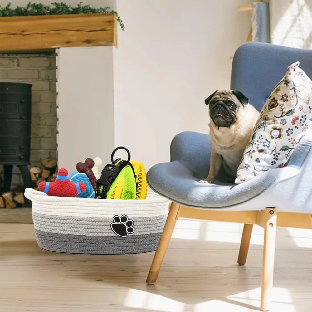 Pet Toy Storage Basket with Handle. Handmade Weaving with Dog Paw Prints. Can Also Store Children's Toys and Miscellaneous Items