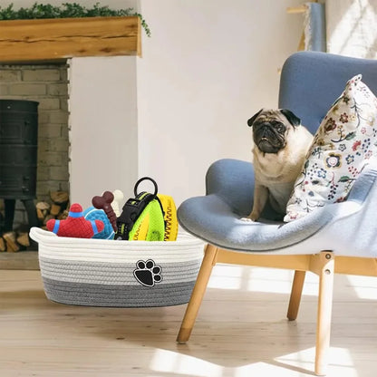 Pet Toy Storage Basket with Handle. Handmade Weaving with Dog Paw Prints. Can Also Store Children's Toys and Miscellaneous Items