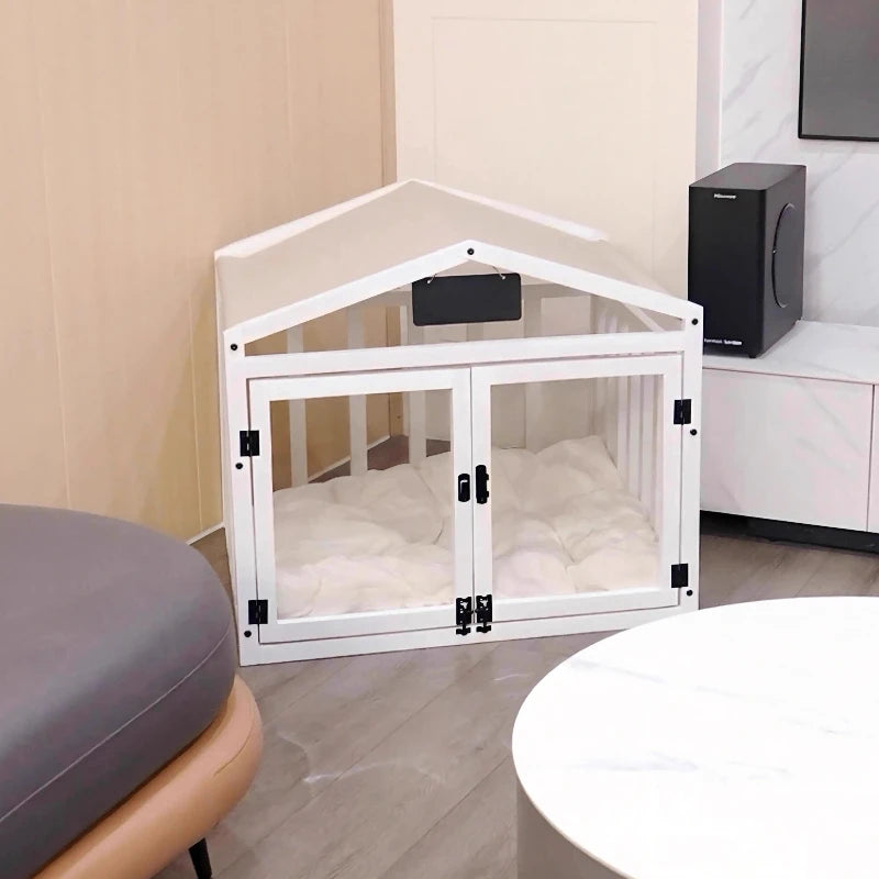 Solid Wood Luxury Dog House Indoor Pet House Removable Washable Dog Fence Double Door Dog Cage Portable Waterproof Pet Bed