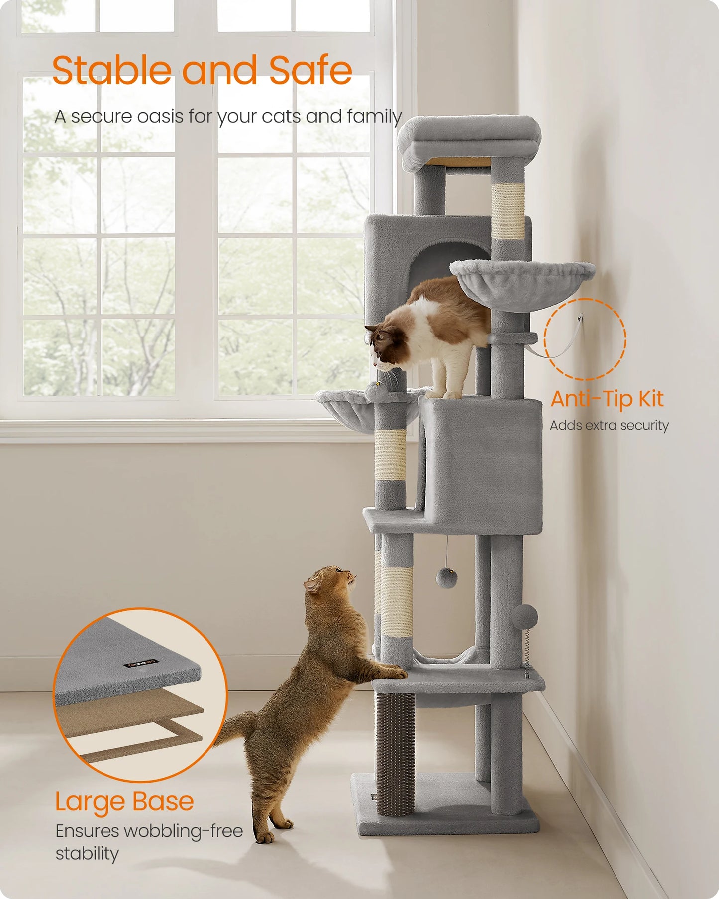 Feandrea Large Cat Tree, 175 cm Tall Cat Tower, Multi-Level Cat Condo with 2 Caves, 2 Baskets, 5 Scratching Posts