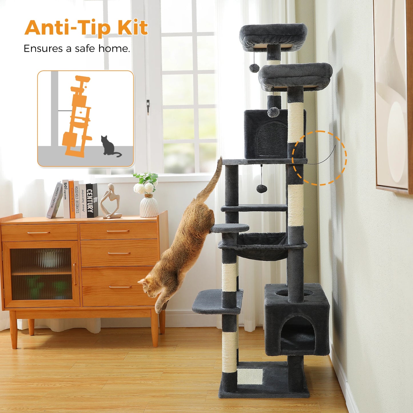 Multi-Level Cat Tree Tower with Scratching Posts&Board, Hammock, Cat Condo, Spacious Top Perch,Dangling Balls for Indoor Cats