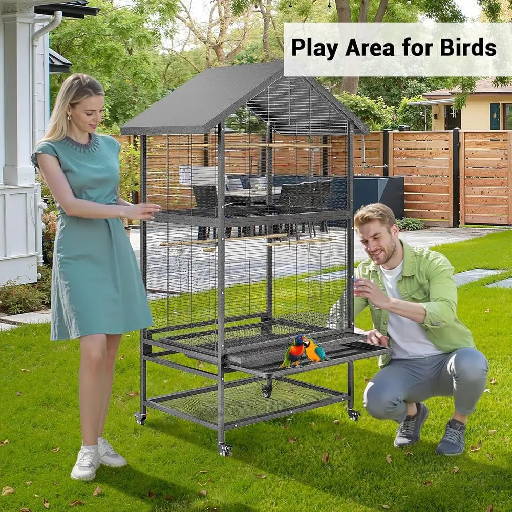 Large Wrought Steel Bird Cage with Pull-Out Tray, Lock, Feeding Bowl, Stand, and 360° Swivel Casters for Various Bird Species