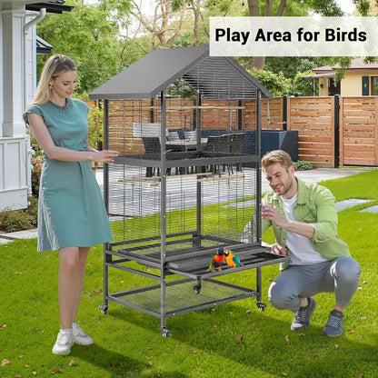 Large Wrought Steel Bird Cage with Pull-Out Tray, Lock, Feeding Bowl, Stand, and 360° Swivel Casters for Various Bird Species