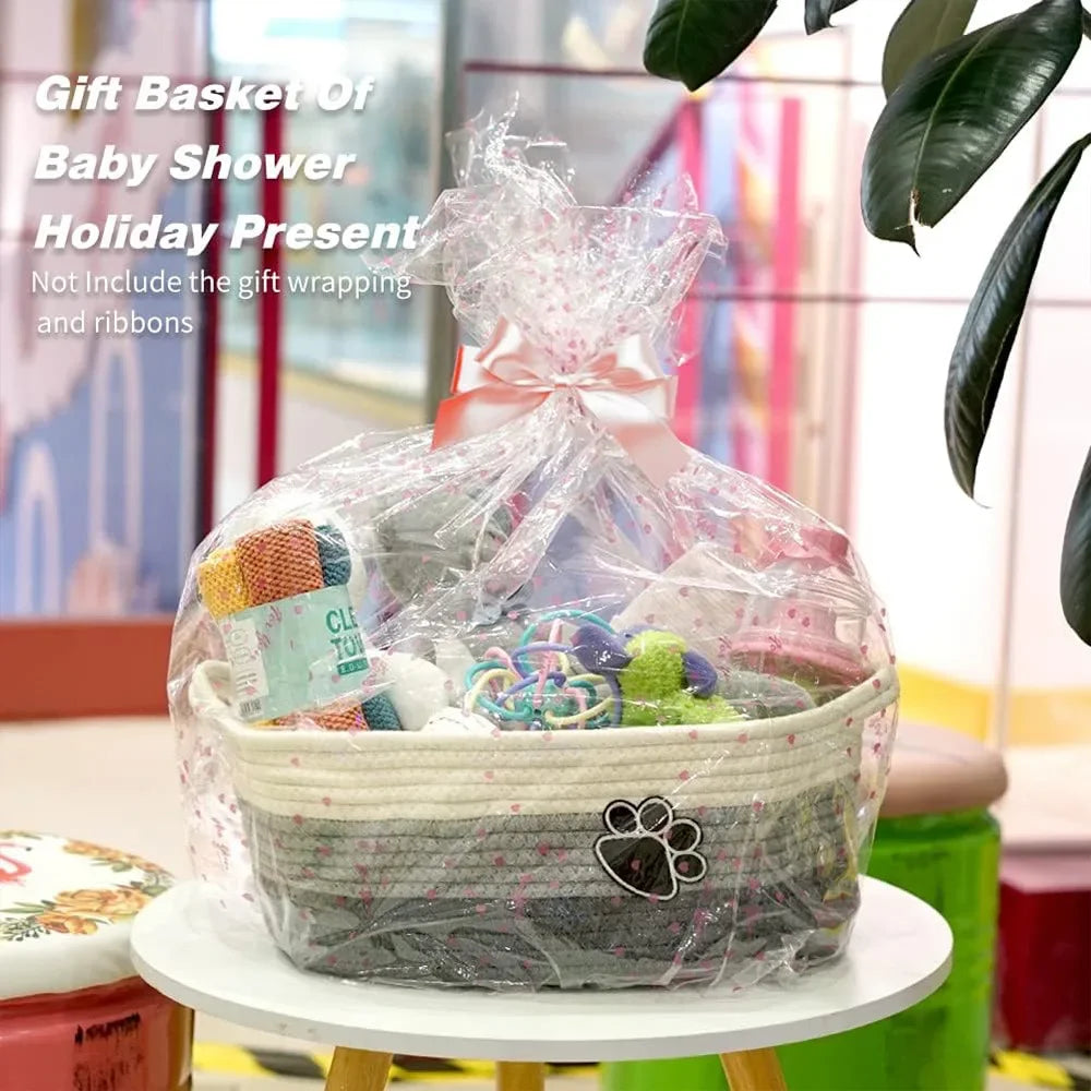 Pet Toy Storage Basket with Handle. Handmade Weaving with Dog Paw Prints. Can Also Store Children's Toys and Miscellaneous Items