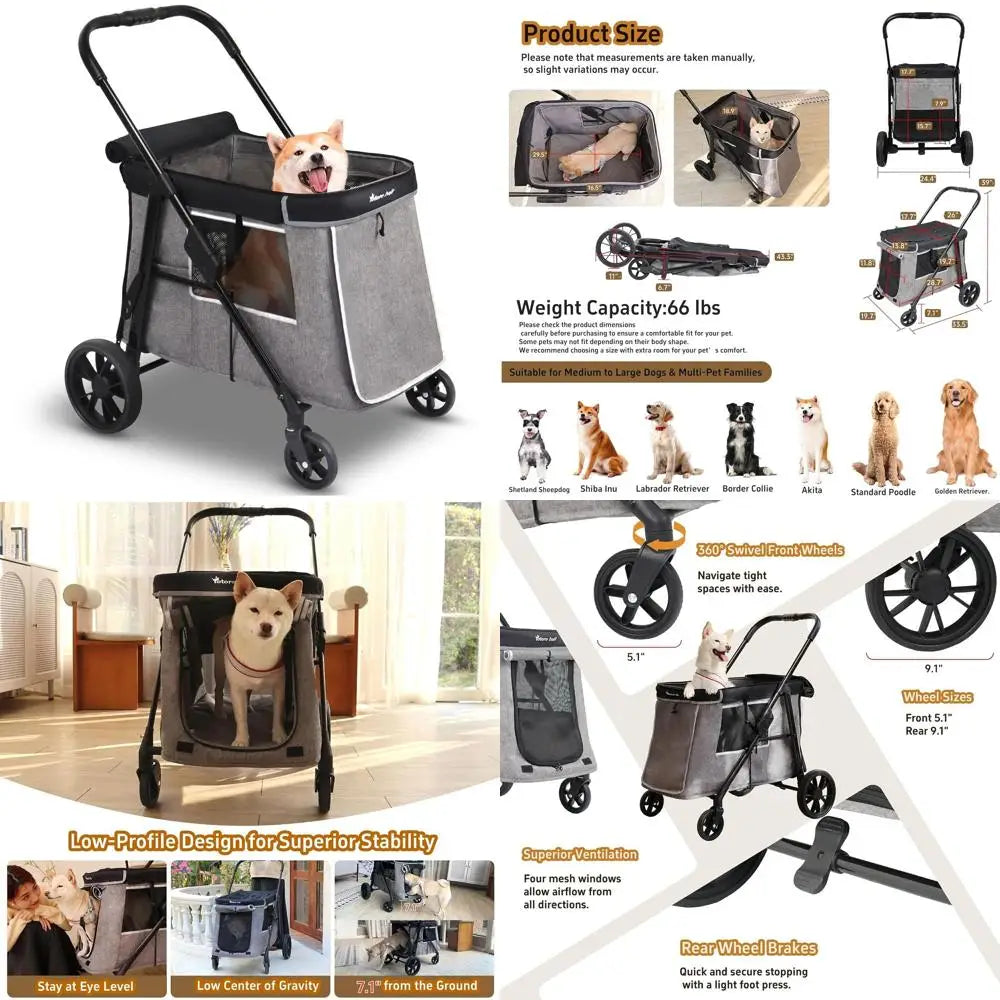 Multi-Pet Medium Dog Stroller, 4-Wheel, Holds 4 Dogs up to 40lbs, Folding, Smooth Tires, Sunshade & Storage (Gray)