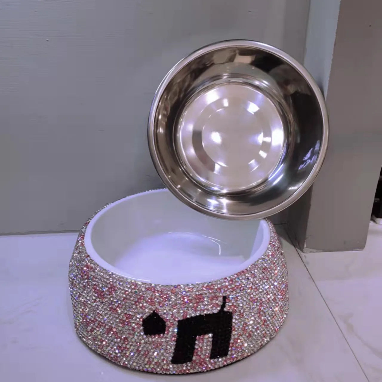 Stainless Steel Dog Bowl Pet Bowls Food Water Feeder Sparkling Rhinestone Pet Supplies Removable Pet Food Bowl