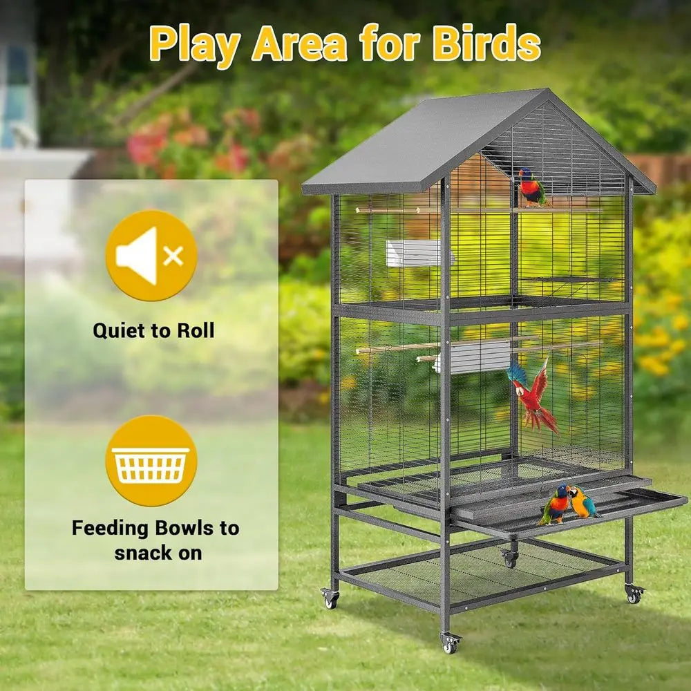 Large Wrought Steel Bird Cage with Pull-Out Tray, Lock, Feeding Bowl, Stand, and 360° Swivel Casters for Various Bird Species