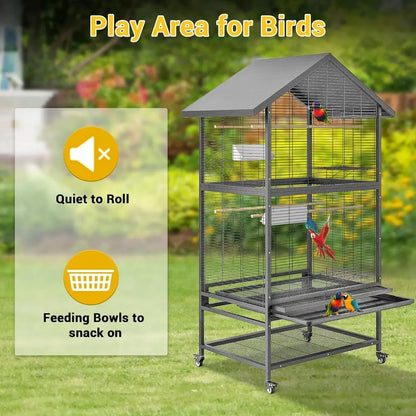 Large Wrought Steel Bird Cage with Pull-Out Tray, Lock, Feeding Bowl, Stand, and 360° Swivel Casters for Various Bird Species