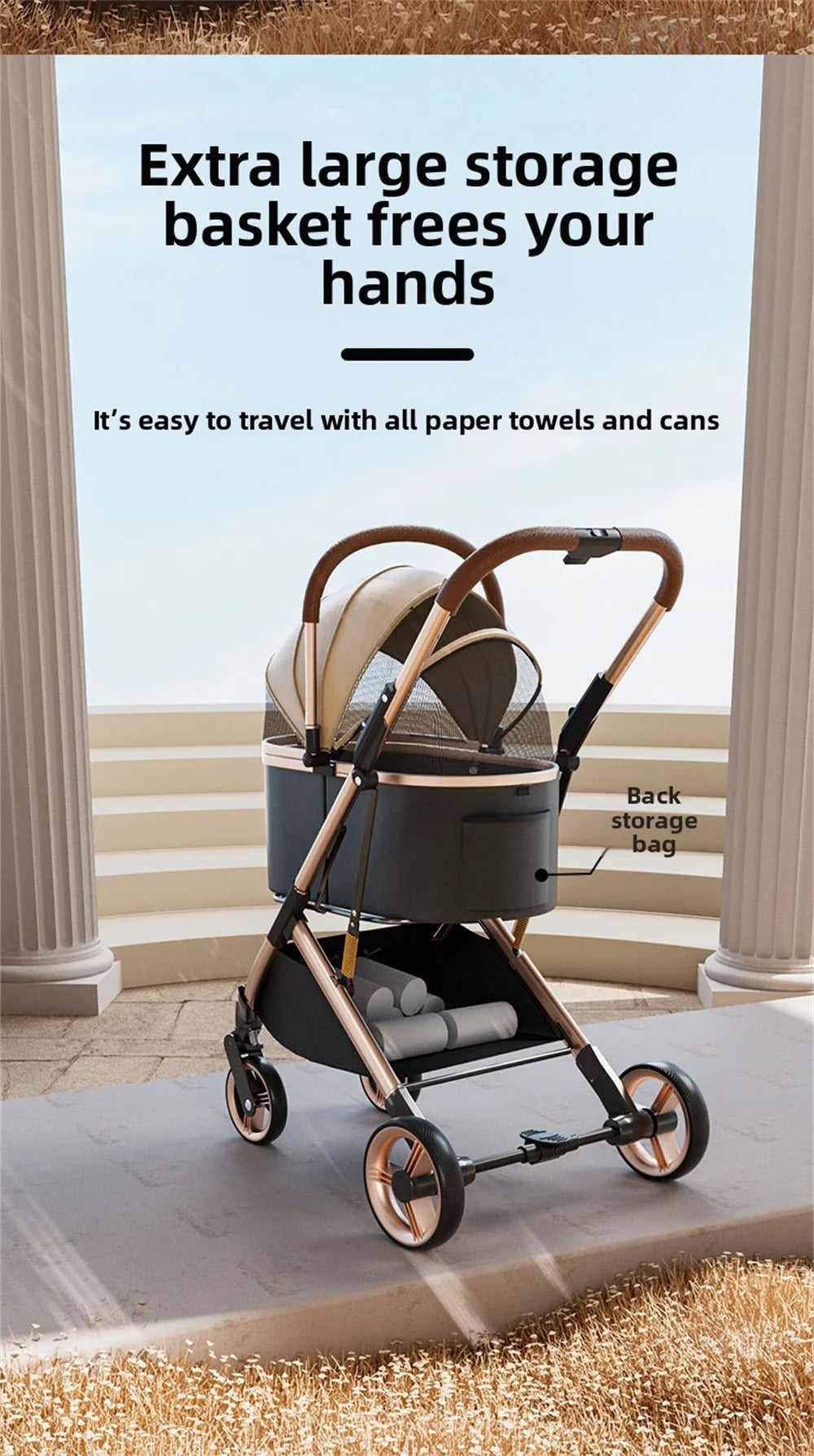 3 in 1 Detachable Pet Stroller for Dog Cat Foldable Travel Carrier up to 50lbs with Portable Carry Bag Storage Basket
