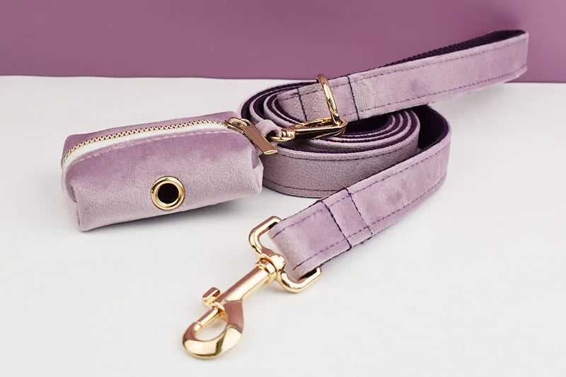 Deep Purple Velvet Powder Velvet Dog Collar And Leash Set For Custom Engraved Nameplate Pet Supplies Dog Leash Velvet 06