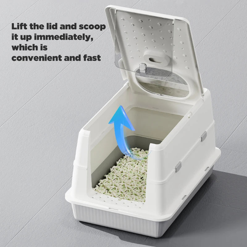 Fully Enclosed Large Flip-Top Cat Litter Box High-Sided Covered Design, Splash-Proof and Litter-Tracking Preventive Cat Toilet