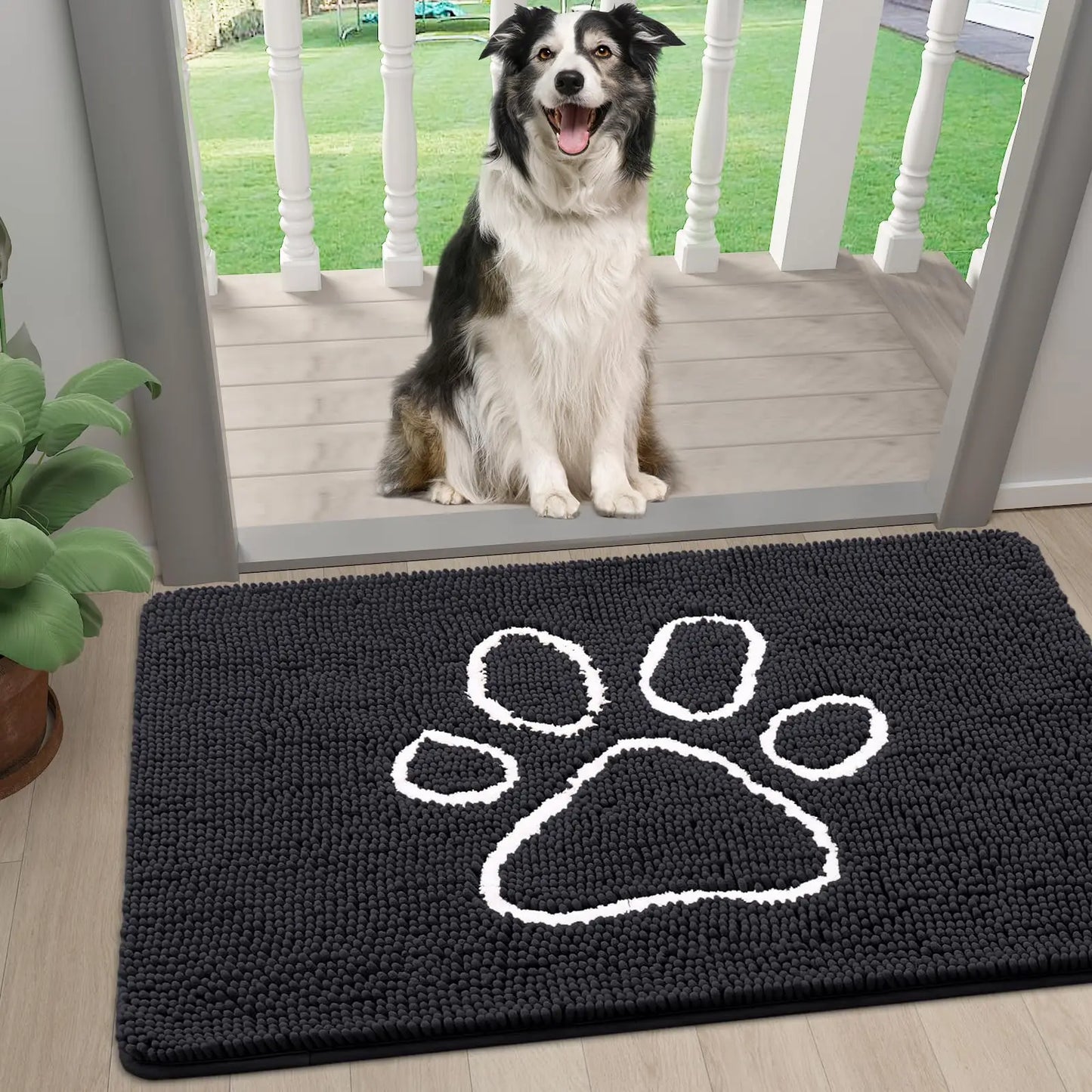 Kitinjoy Ultra Absorbent Chenille Mud Doormat With Paw Print Design Non-Slip Quick-Dry Washable Mats Door Mat for Muddy Dog Paws