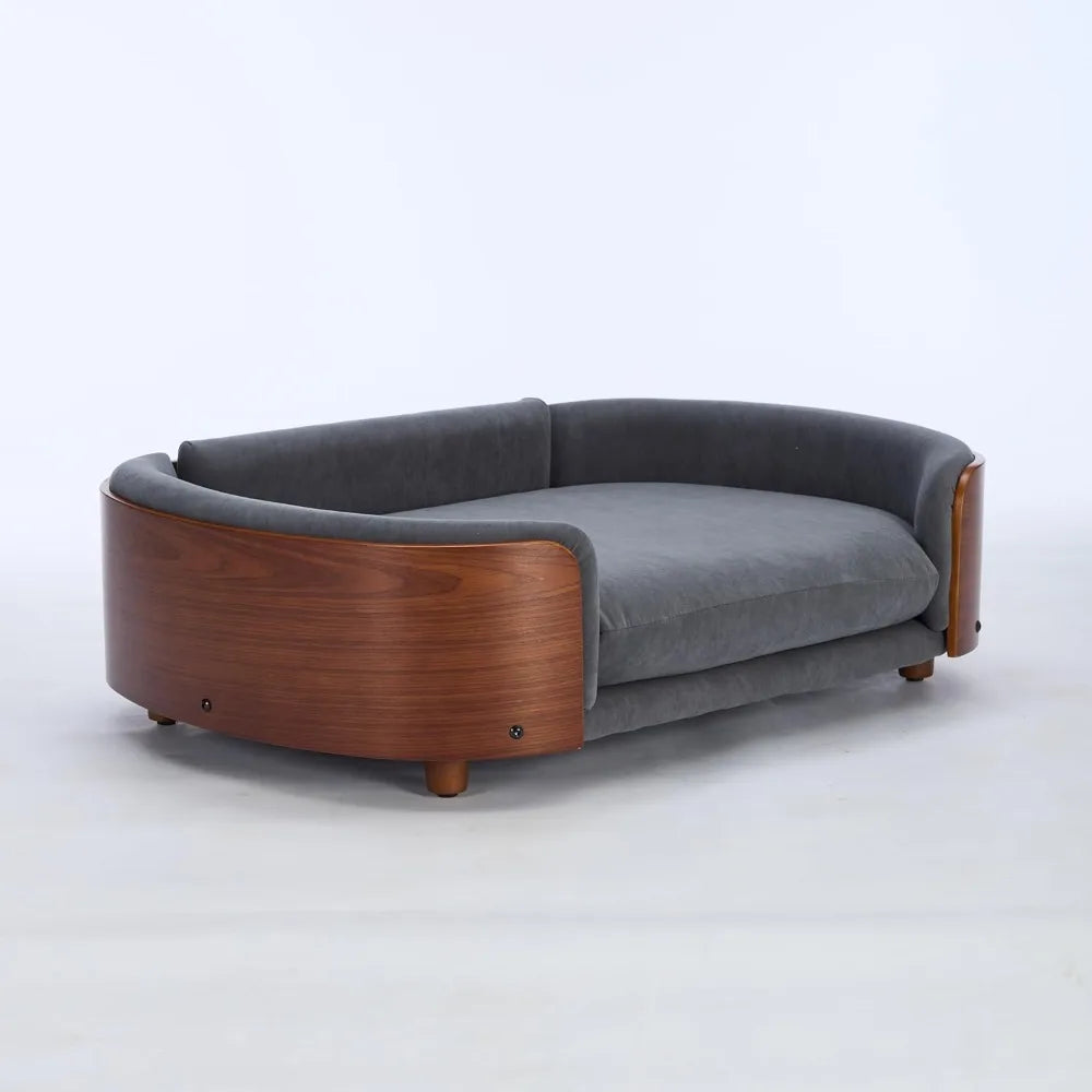 Large Velvet Scandinavian Style Elevated Dog Sofa Bed with Solid Wood Legs and Walnut Bent Wood Back, Perfect for Your Pet's Com