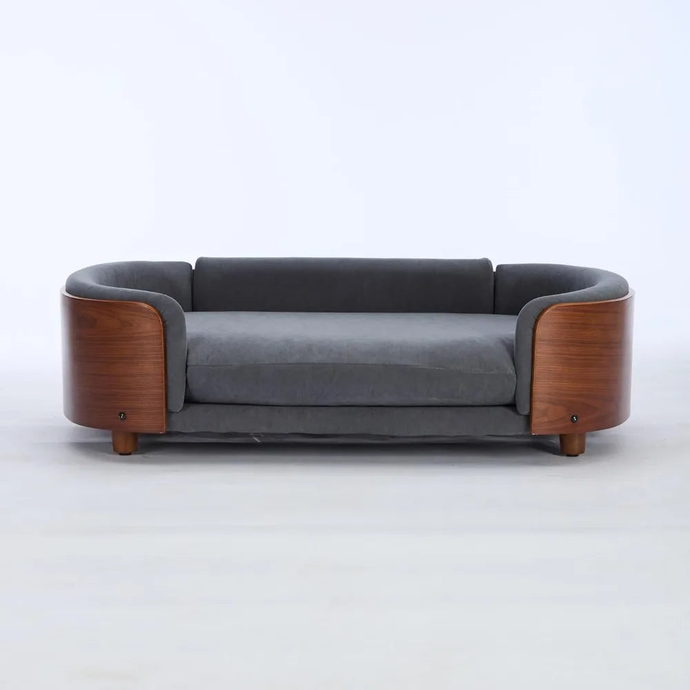 Large Velvet Scandinavian Style Elevated Dog Sofa Bed with Solid Wood Legs and Walnut Bent Wood Back, Perfect for Your Pet's Com
