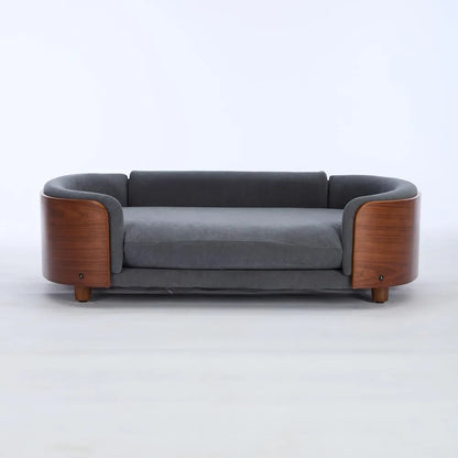 Large Velvet Scandinavian Style Elevated Dog Sofa Bed with Solid Wood Legs and Walnut Bent Wood Back, Perfect for Your Pet's Com
