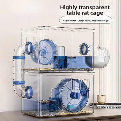 Acrylic Hamster Cage Transparent Habitat with Silent Running Wheel Large Space Enclosure for Hamster Easy-Clean Animal Home