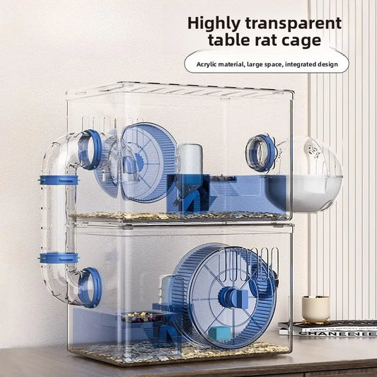 Acrylic Hamster Cage Transparent Habitat with Silent Running Wheel Large Space Enclosure for Hamster Easy-Clean Animal Home