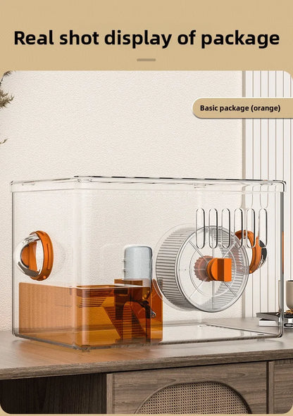 Acrylic Hamster Cage Transparent Habitat with Silent Running Wheel Large Space Enclosure for Hamster Easy-Clean Animal Home