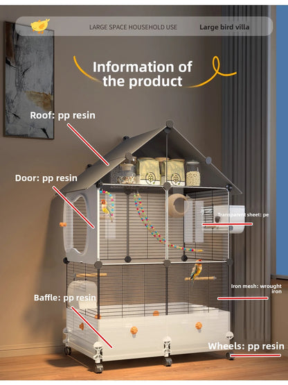 Large Bird Cage for Parrots Spacious Aviary with Standing Pole Luxury Cockatiel & Budgie Habitat Anti-Scatter Design Bird Villa