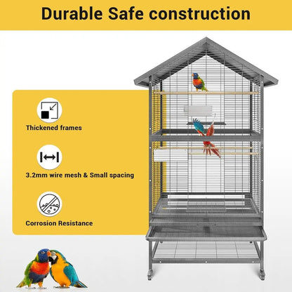 Large Wrought Steel Bird Cage with Pull-Out Tray, Lock, Feeding Bowl, Stand, and 360° Swivel Casters for Various Bird Species