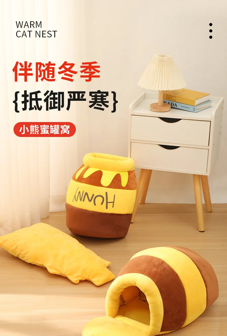 Cat Bed Warm Comfortable Kennel Nest Pet Cat Bed Soft Removable Cushion Nonslip Bottom Cartoon Washable House Honey Pot Cave