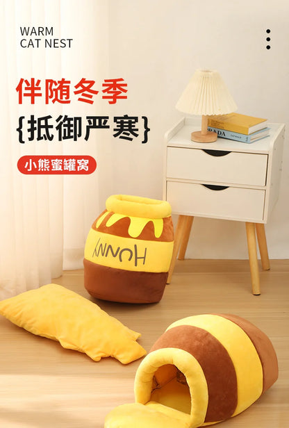 Cat Bed Warm Comfortable Kennel Nest Pet Cat Bed Soft Removable Cushion Nonslip Bottom Cartoon Washable House Honey Pot Cave