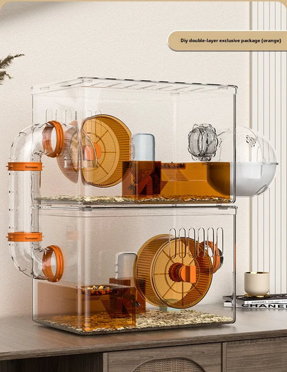 Acrylic Hamster Cage Transparent Habitat with Silent Running Wheel Large Space Enclosure for Hamster Easy-Clean Animal Home