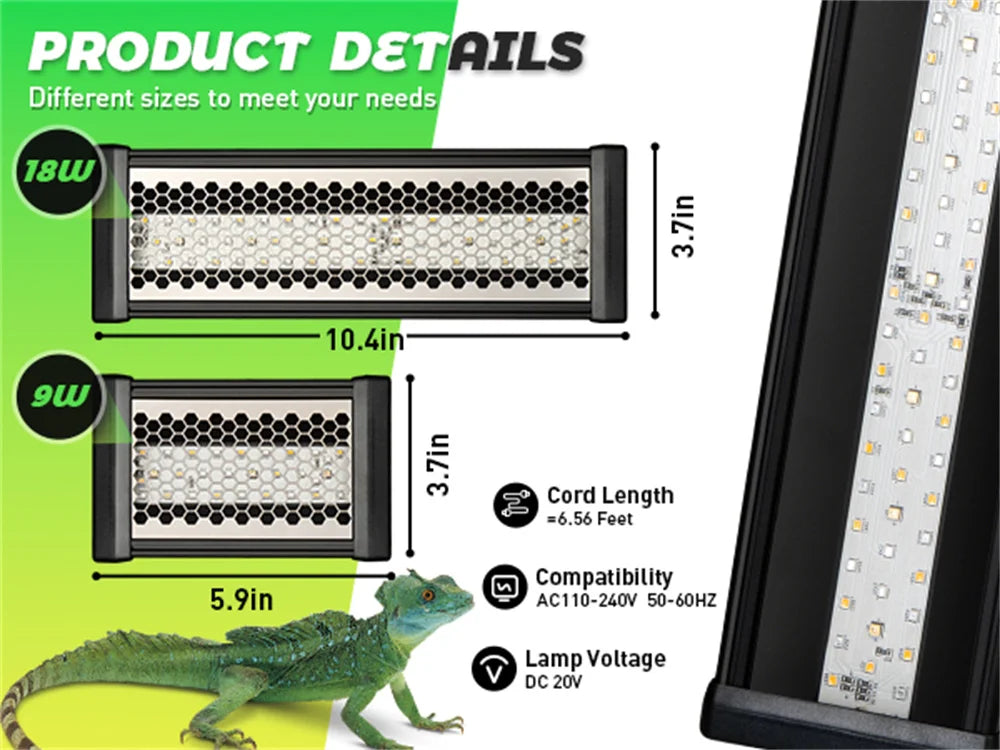 20W Dimmable LED Reptile UVB light 10W AC100-240V 6H/10H/12H Timer Snake Turtle Pet Full Spectrum Basking UV Light Heating Lamps