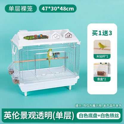 Birdcage for Budgerigars - Large Villa-Style British-Inspired Metal Display Cage with Horizontal Wire Base for Parakeets