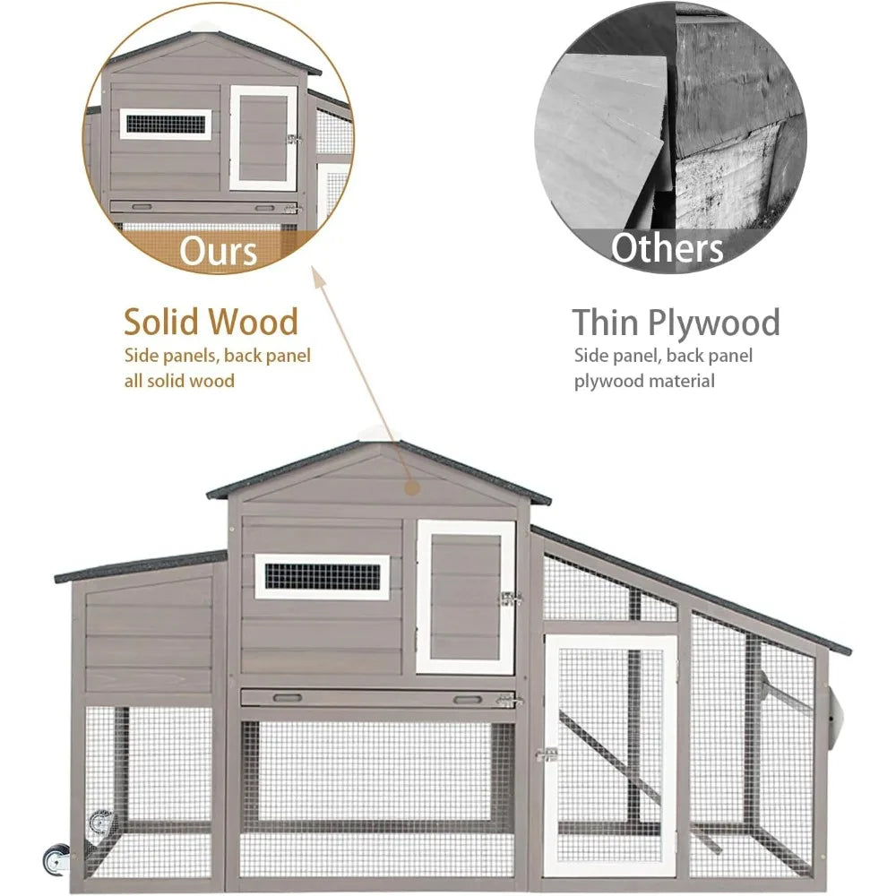 Large Outdoor Chicken Coop with Mobile Nesting Box, Backyard Wooden Poultry House, UV-Resistant Asphalt Roof