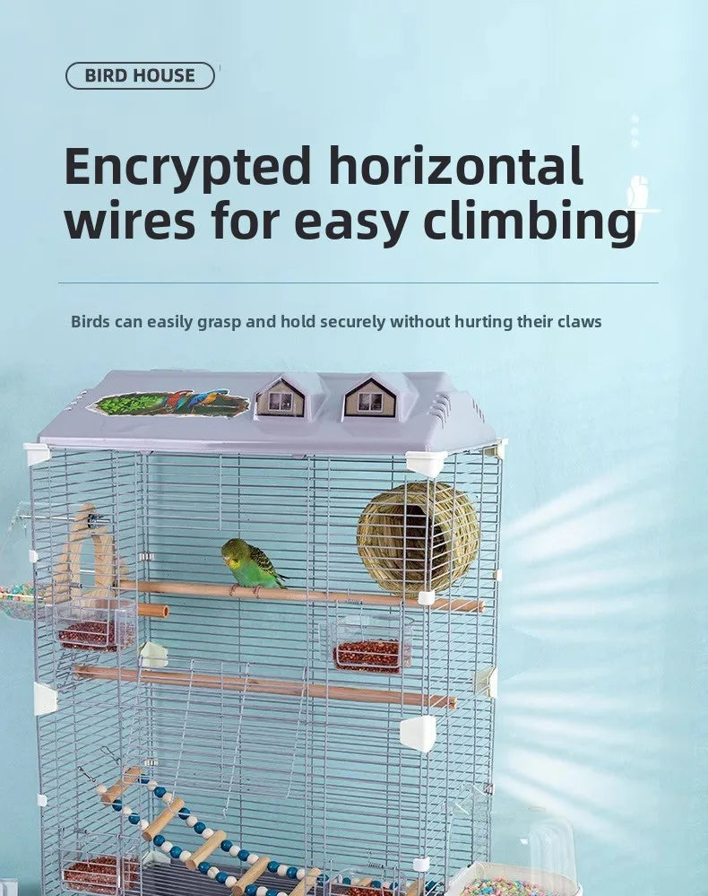 Birdcage for Budgerigars - Large Villa-Style British-Inspired Metal Display Cage with Horizontal Wire Base for Parakeets