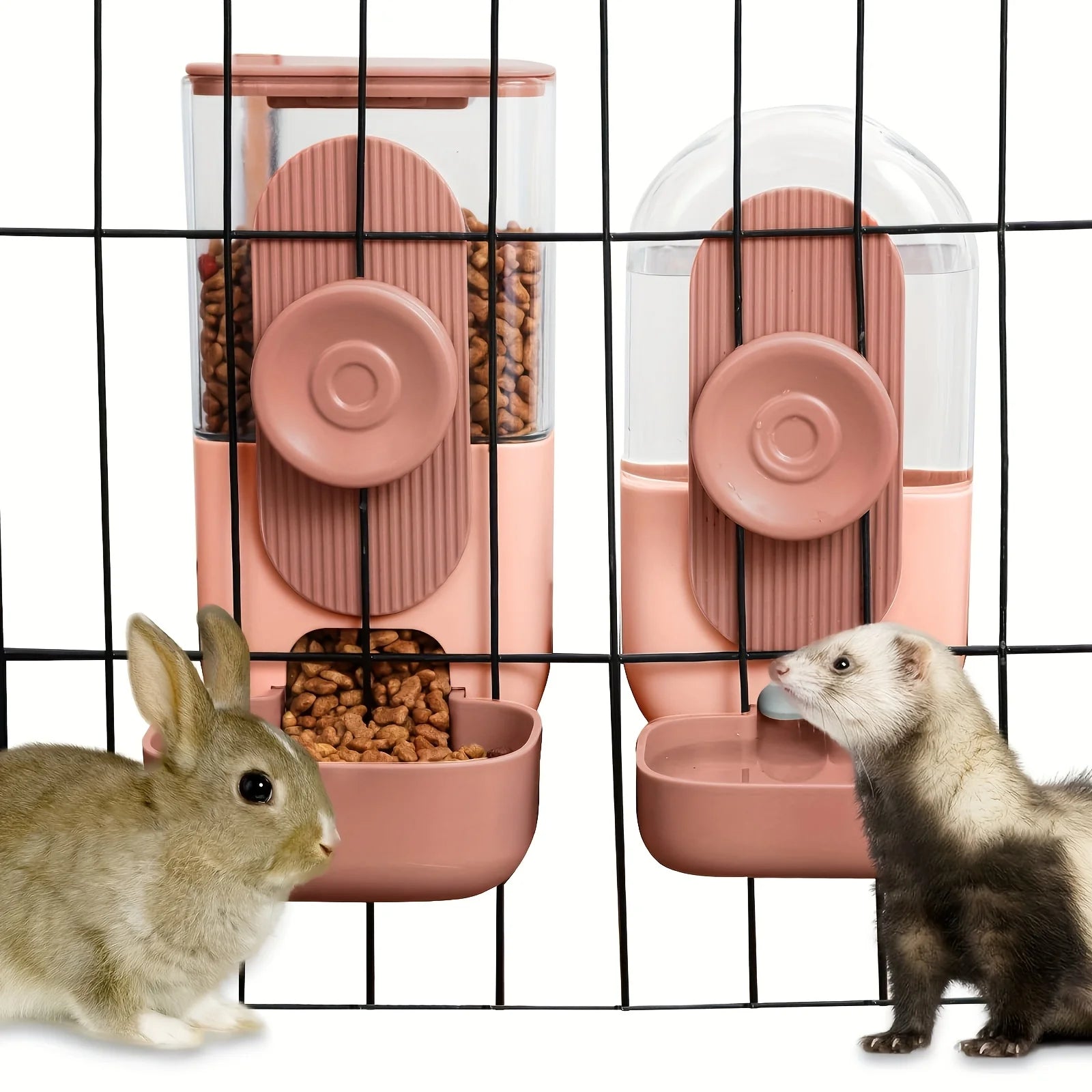 Cage-type automatic hanging pet cat feeder and waterer, gravity-fed automatic feeding and drinking bowl set, suitable for rabbit