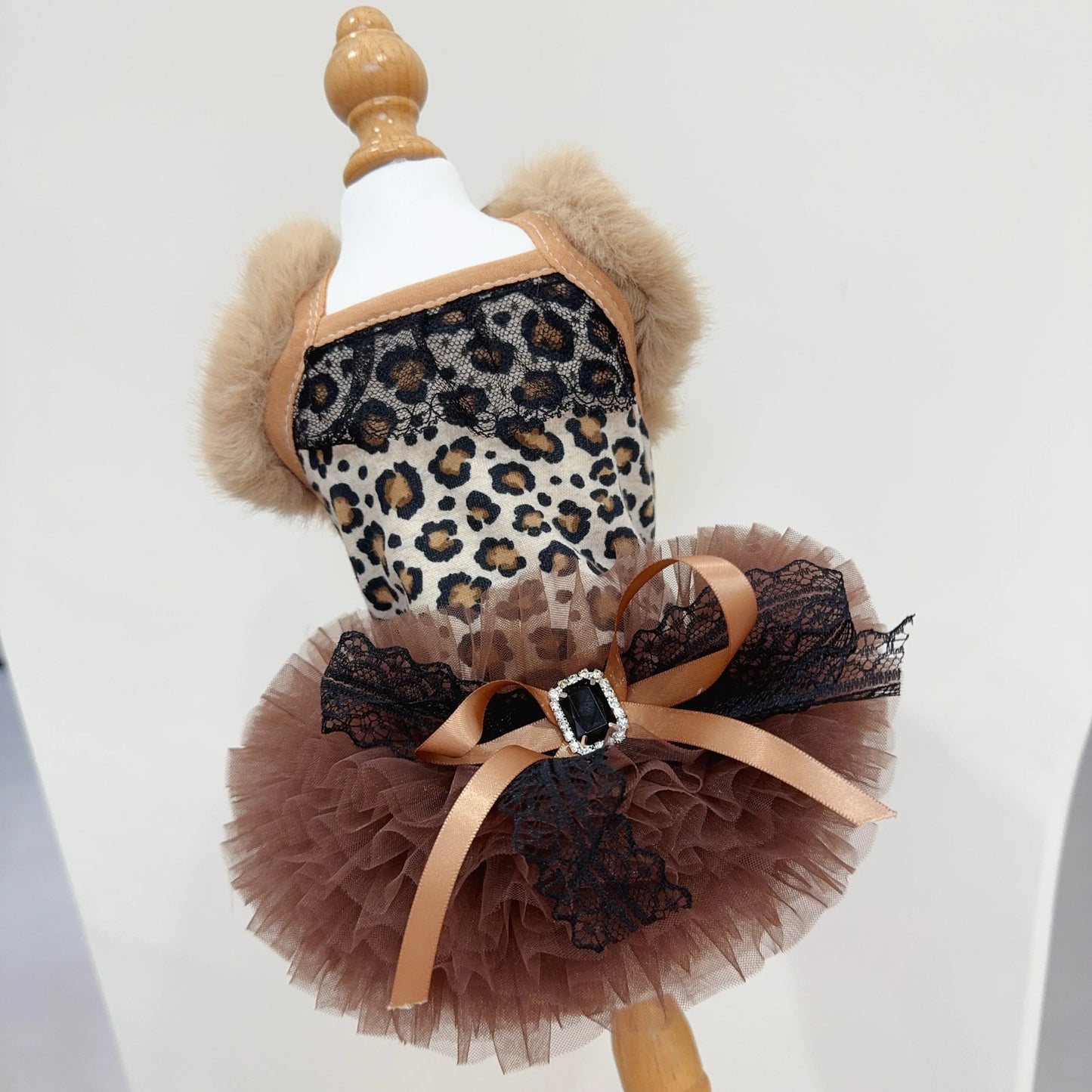 Retro Coffee Leopard Puppy Costumes Autumn Winter Plush Lace Bow Sling Dresses for Small Medium Dog Fashion Casual Pet Clothes