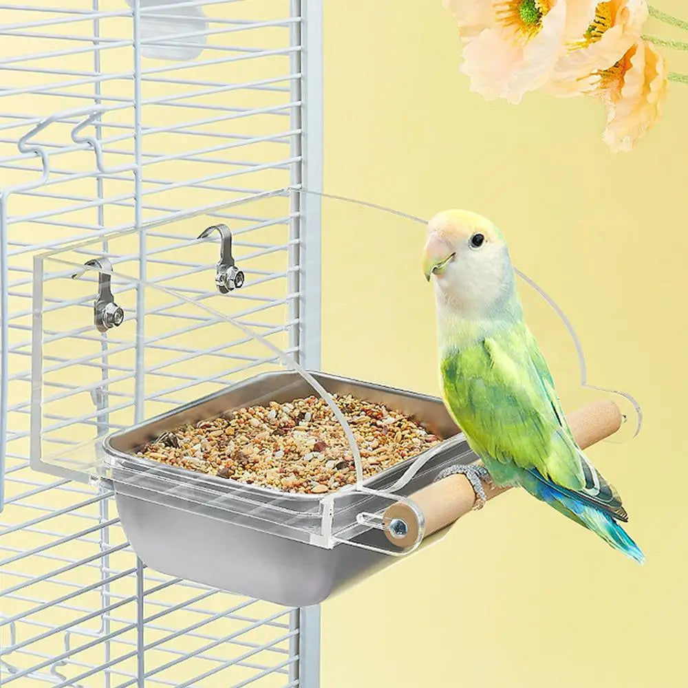 Acrylic Cage Mounted Bird Feeder Anti Splashing Large Capacity Bird Food Dispenser Hangable Detachable Parrots Food Container