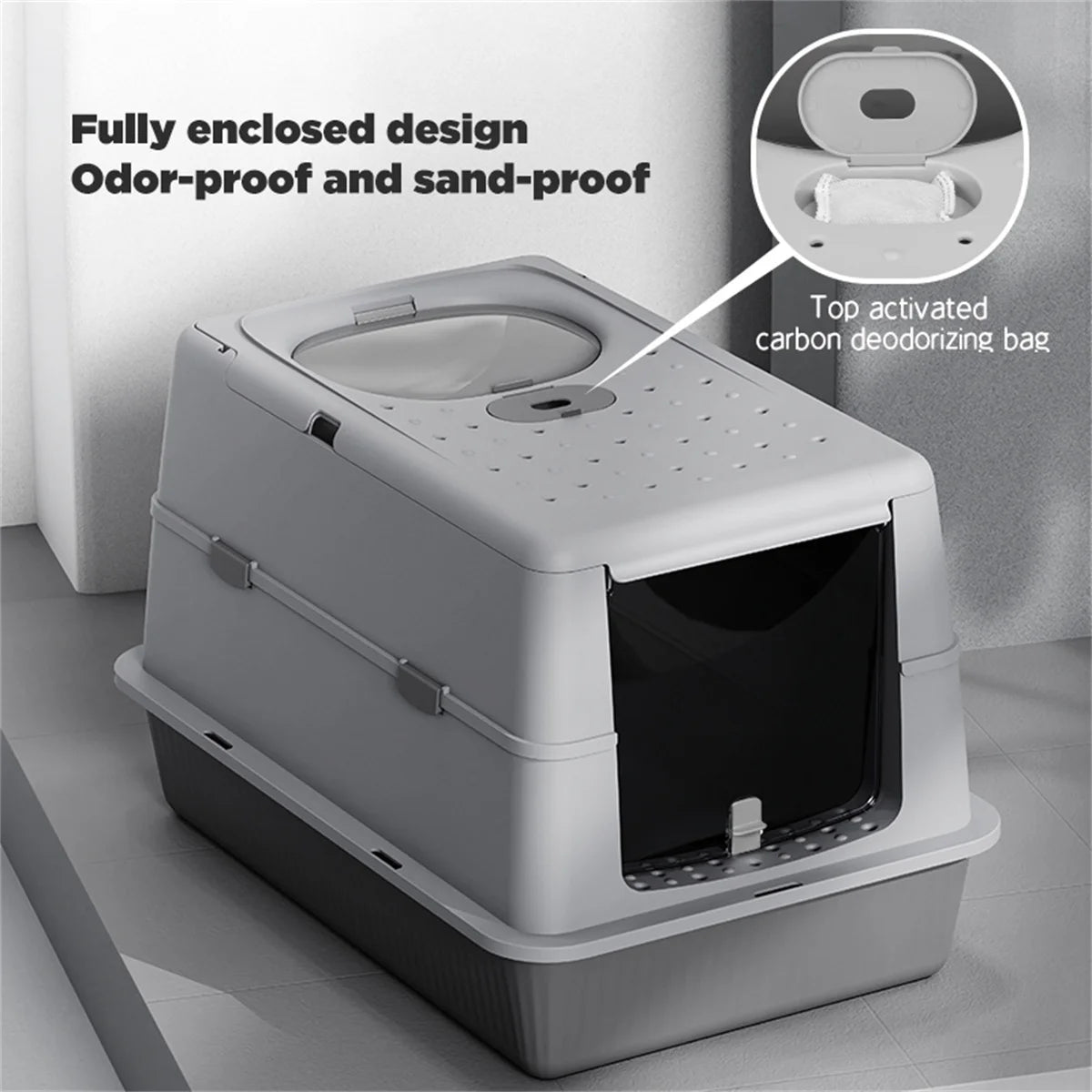 Fully Enclosed Large Flip-Top Cat Litter Box High-Sided Covered Design, Splash-Proof and Litter-Tracking Preventive Cat Toilet