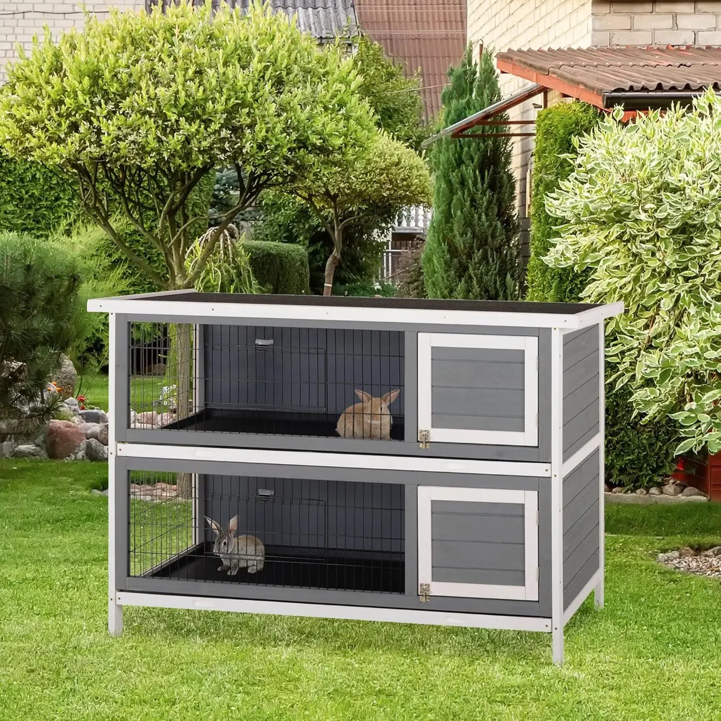 54" 2-Story Large Rabbit Hutch Bunny Cage Wooden Pet House Small Animal Habitat with Lockable Doors,No Leak Tray and Waterproof