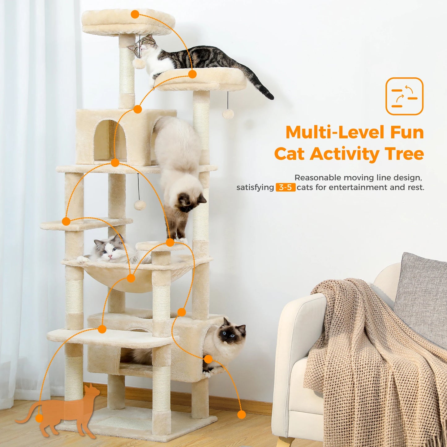 Multi-Level Cat Tree Tower with Scratching Posts&Board, Hammock, Cat Condo, Spacious Top Perch,Dangling Balls for Indoor Cats