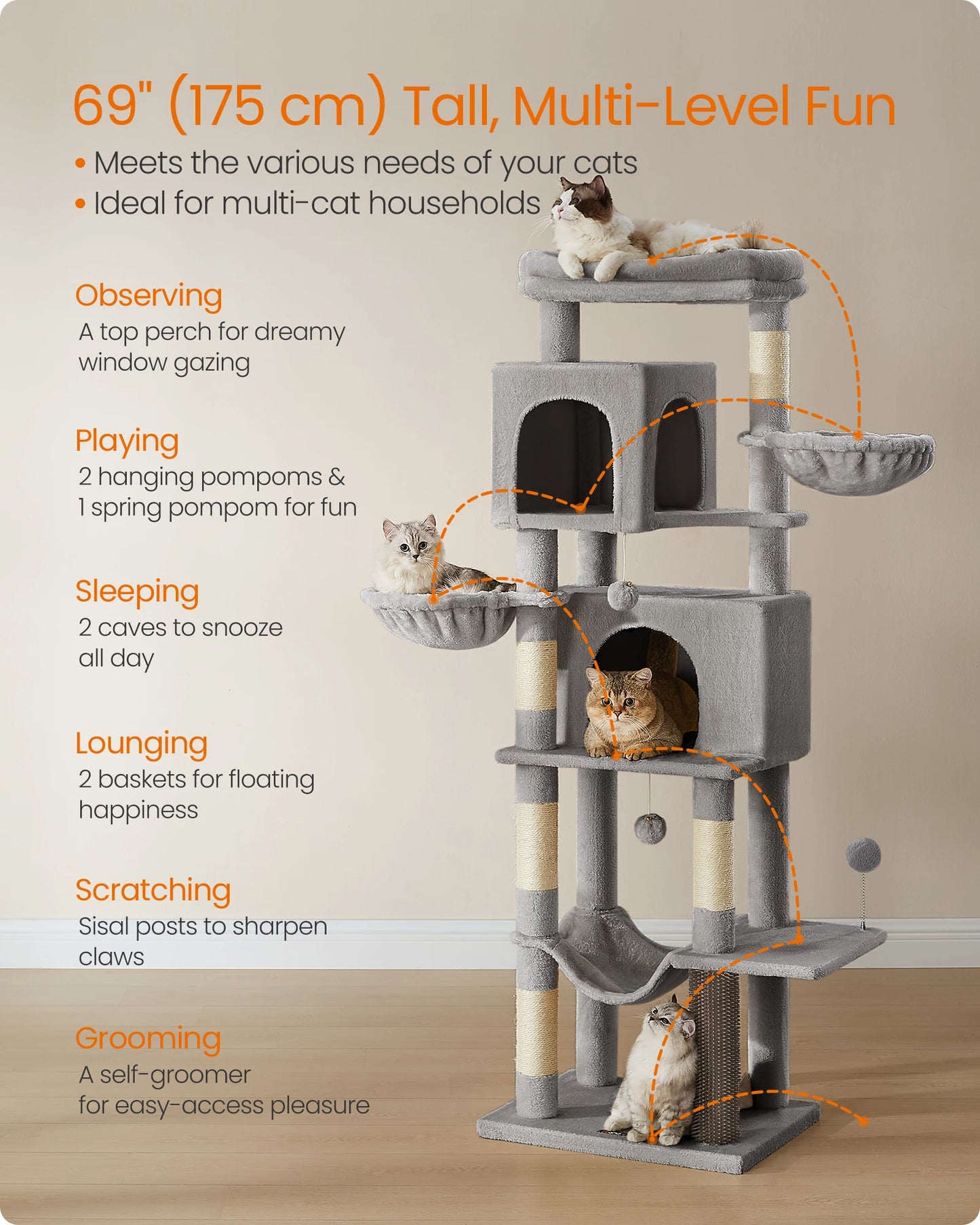 Feandrea Large Cat Tree, 175 cm Tall Cat Tower, Multi-Level Cat Condo with 2 Caves, 2 Baskets, 5 Scratching Posts