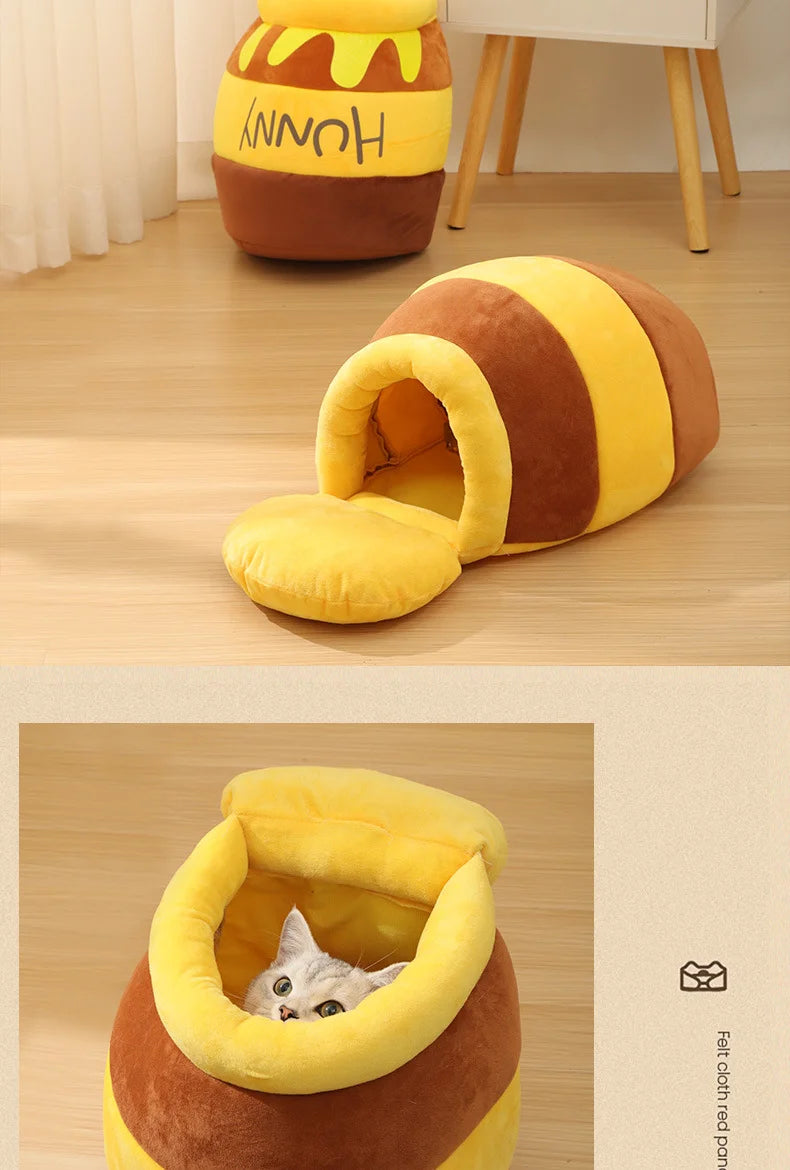 Cat Bed Warm Comfortable Kennel Nest Pet Cat Bed Soft Removable Cushion Nonslip Bottom Cartoon Washable House Honey Pot Cave