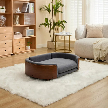 Large Velvet Scandinavian Style Elevated Dog Sofa Bed with Solid Wood Legs and Walnut Bent Wood Back, Perfect for Your Pet's Com