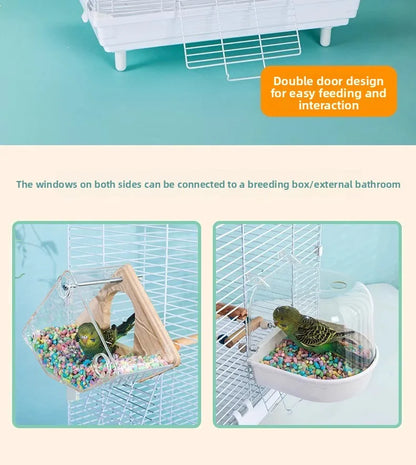 Birdcage for Budgerigars - Large Villa-Style British-Inspired Metal Display Cage with Horizontal Wire Base for Parakeets