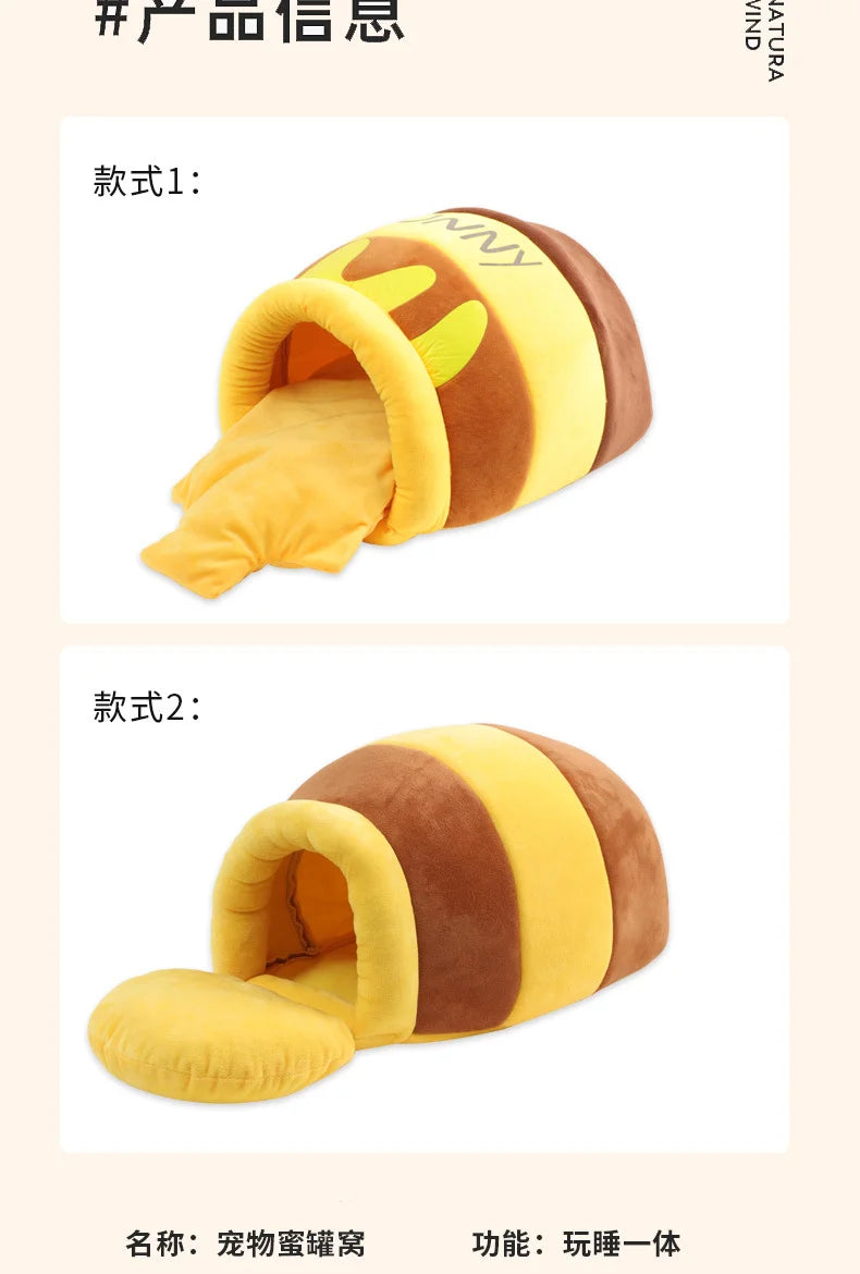 Cat Bed Warm Comfortable Kennel Nest Pet Cat Bed Soft Removable Cushion Nonslip Bottom Cartoon Washable House Honey Pot Cave