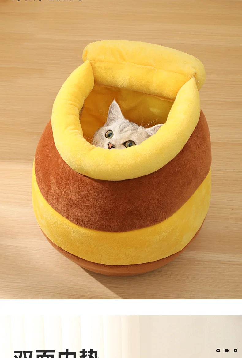 Cat Bed Warm Comfortable Kennel Nest Pet Cat Bed Soft Removable Cushion Nonslip Bottom Cartoon Washable House Honey Pot Cave