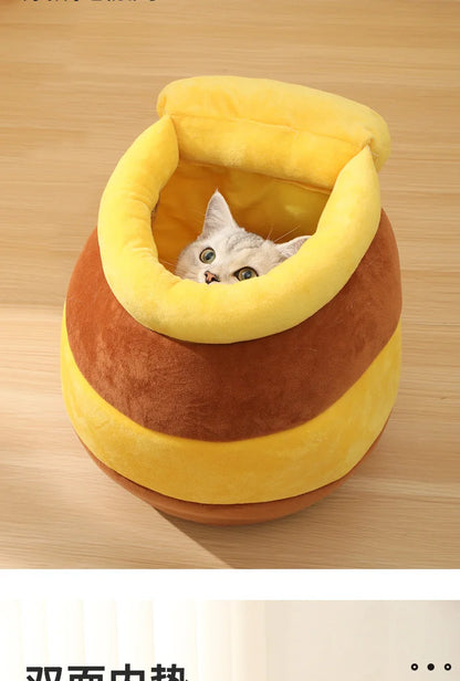 Cat Bed Warm Comfortable Kennel Nest Pet Cat Bed Soft Removable Cushion Nonslip Bottom Cartoon Washable House Honey Pot Cave